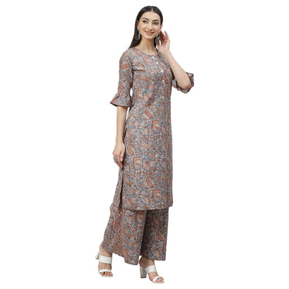 Women's Grey Cotton Linen Printed Half Sleeve Round Neck Casual Kurta Palazzo Set