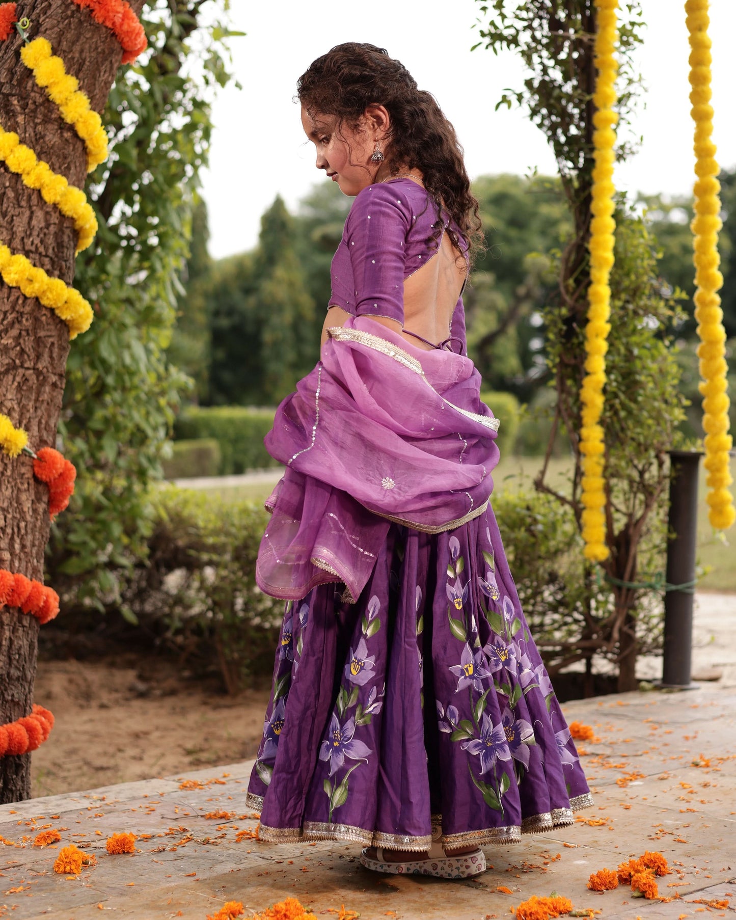 Girl's Berry Purple Handpainted Chanderi Lehenga Set