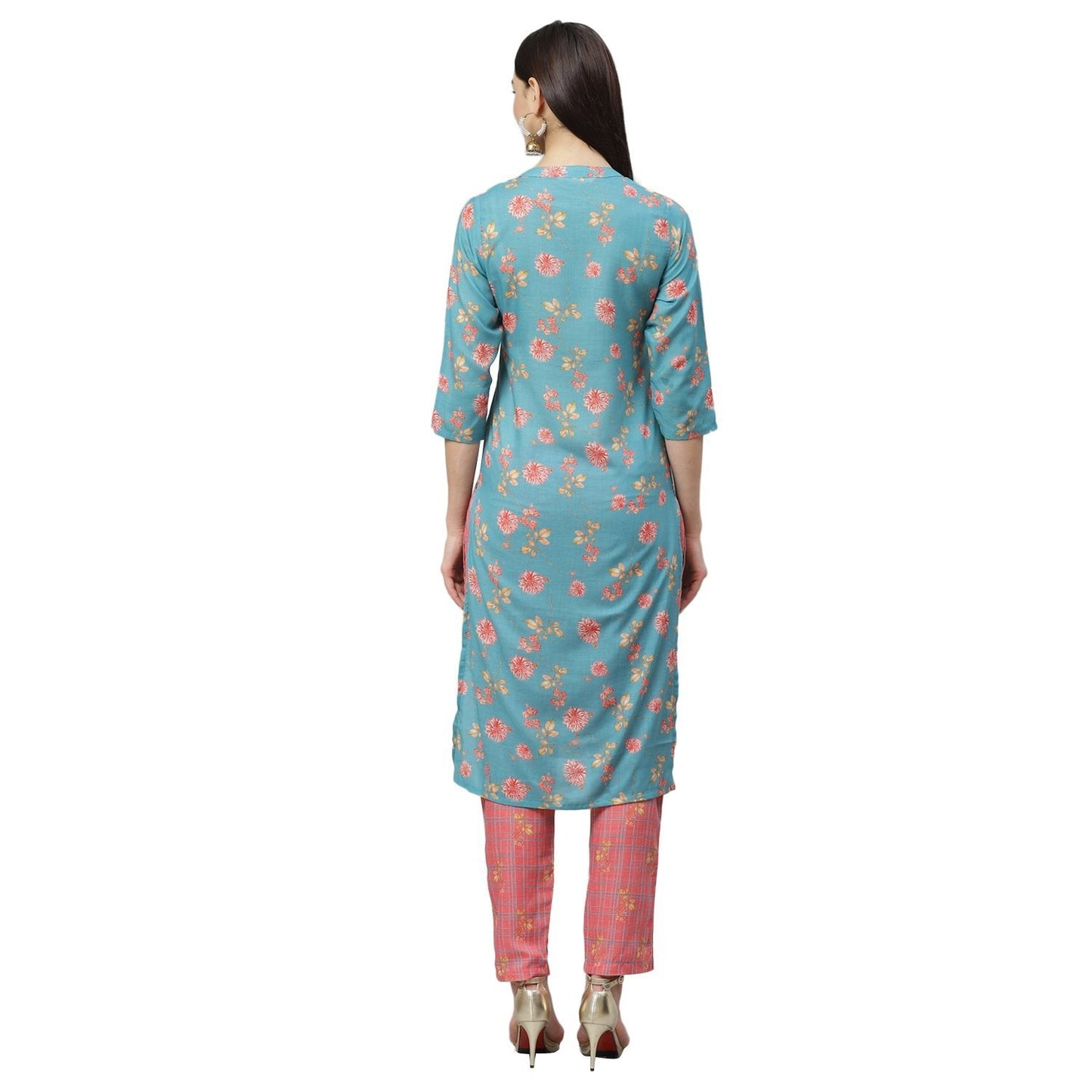 Women's Multicolor Poly Cotton Printed 3/4 Sleeve Mandrin Neck Casual Kurta Pant Set
