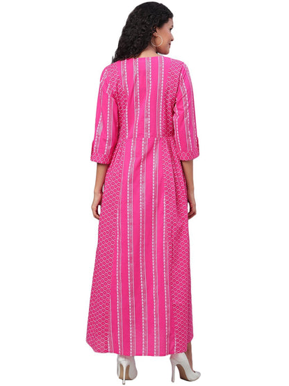 Women's Pink Printed 3/4 Sleeve Cotton Round Neck Dress