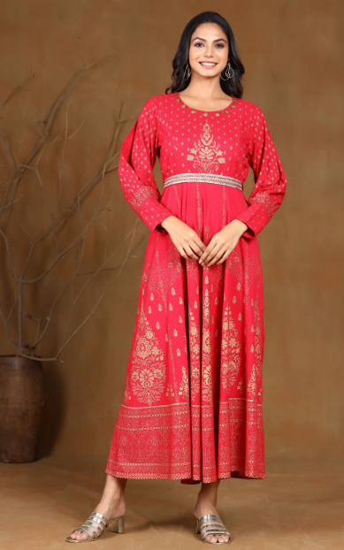 Women's Rayon Printed Flared Dress With Bel