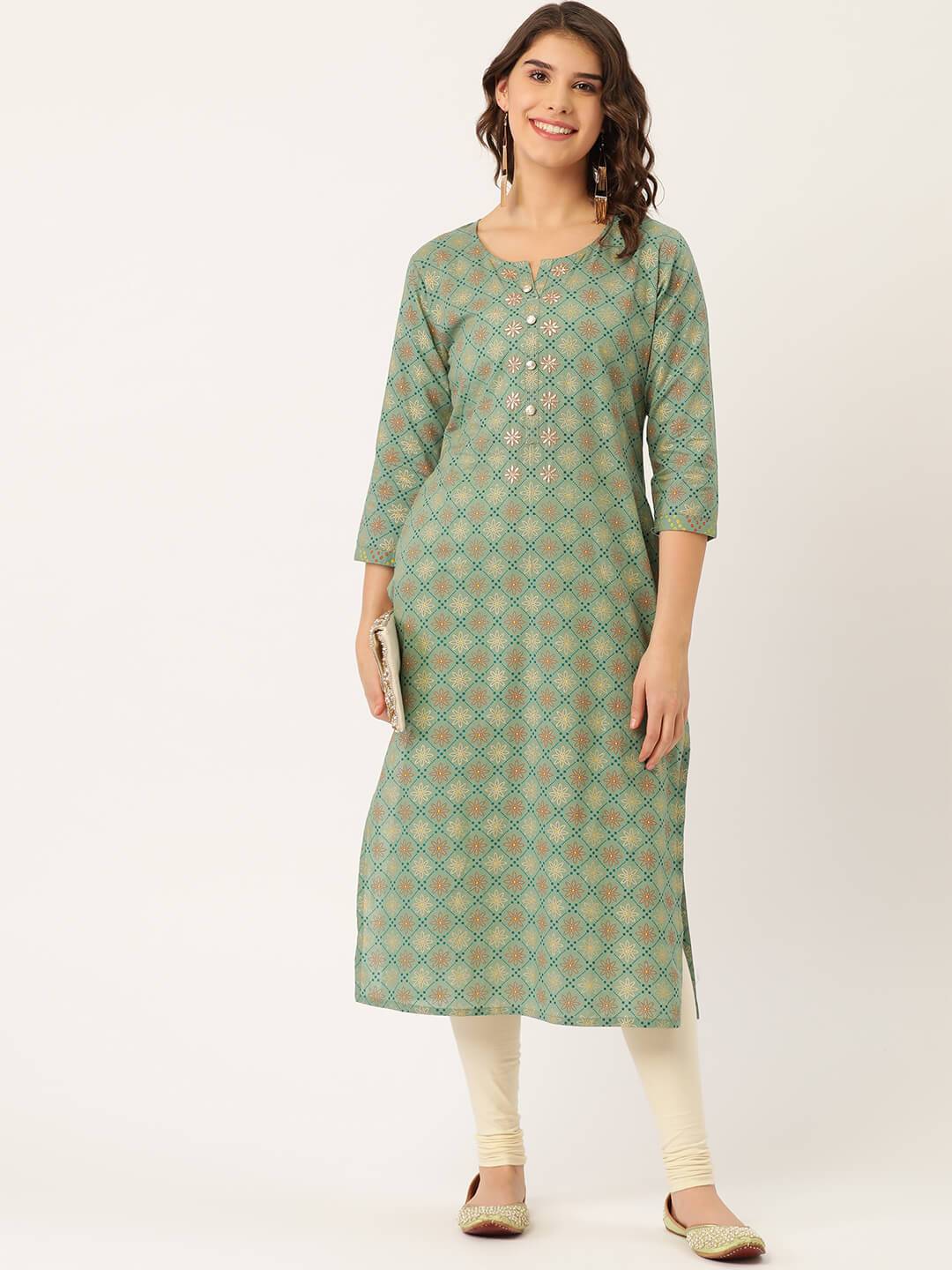 Women's Cotton Printed with Zari work & embroidered buttons detailing Kurta
