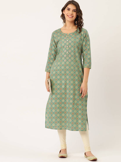 Women's Cotton Printed with Zari work & embroidered buttons detailing Kurta