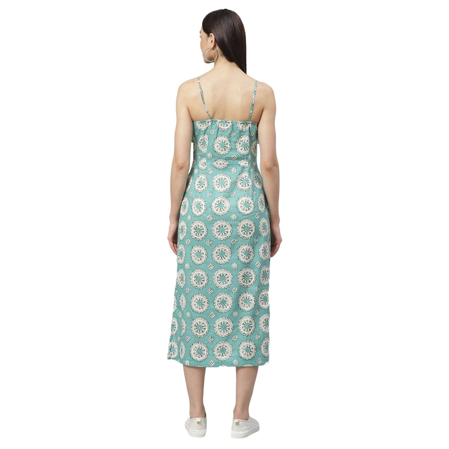 Women's Blue Cotton Printed Sleeveless Srep Neck Casual Dress
