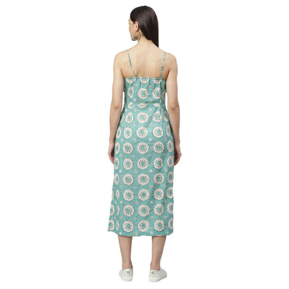 Women's Blue Cotton Printed Sleeveless Srep Neck Casual Dress