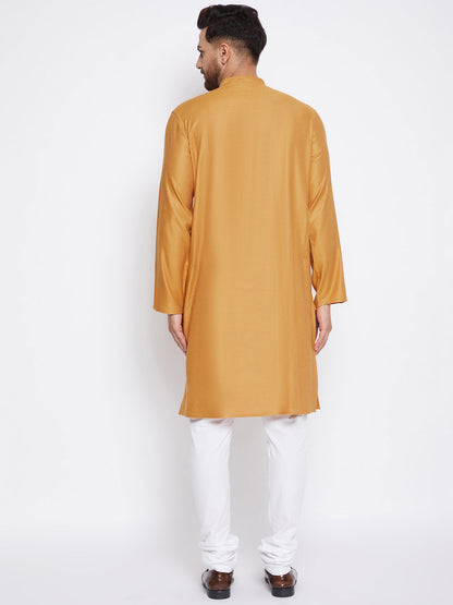 Men's Woven Design Yellow Straight Kurta