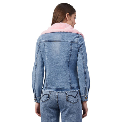 Women's Distressed Denim Jacket with Detachable Pink Fur Collar