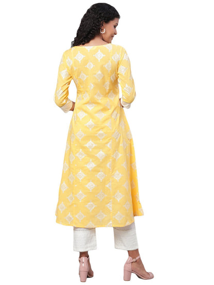 Women's Yellow Printed 3/4 Sleeve Cotton Round Neck Casual Kurta & Pant Set