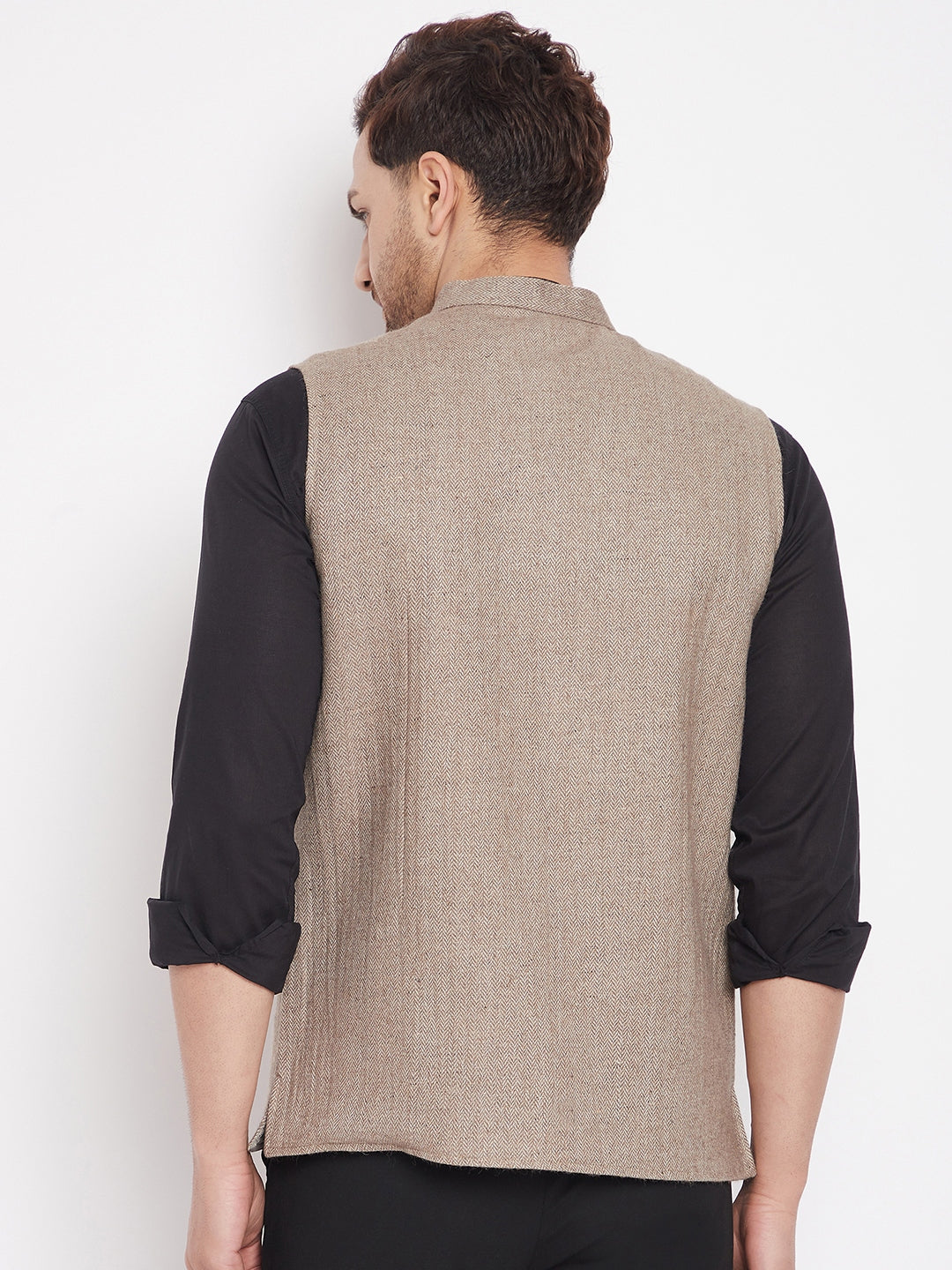 Men's Beige Color Woven Nehru Jacket