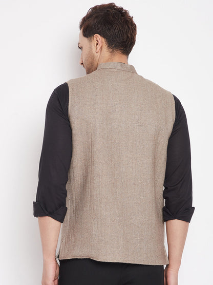 Men's Beige Color Woven Nehru Jacket