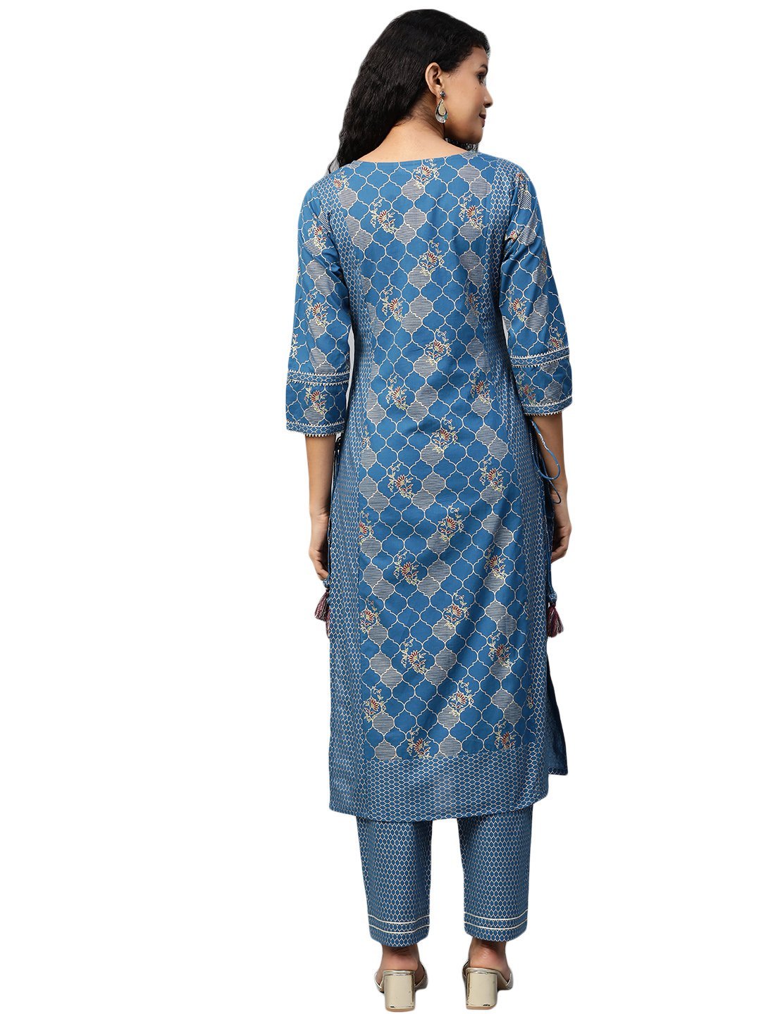Women Navy Blue Printed  Cotton Kurta & Pant Set by Myshka (