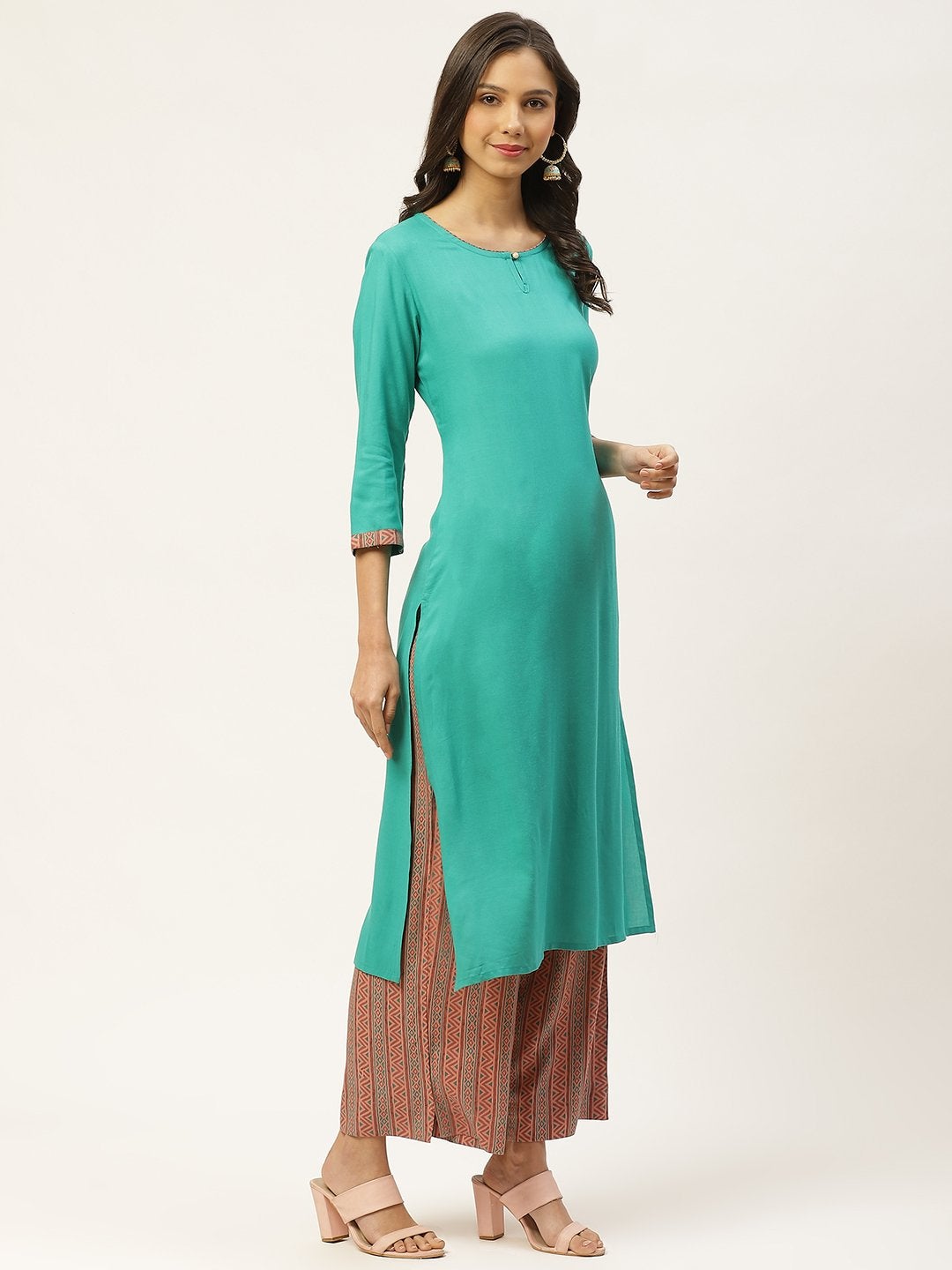 Women's Blue Solid Kurta with Ethnic Motifs Hand Printed Palazzos & Dupatta