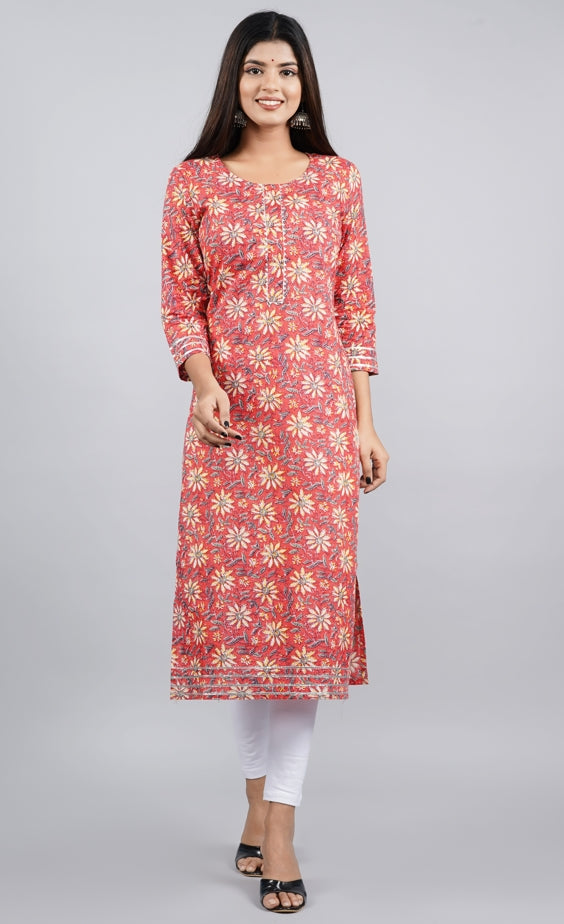 Women's Red Floral Print Straight Kurta