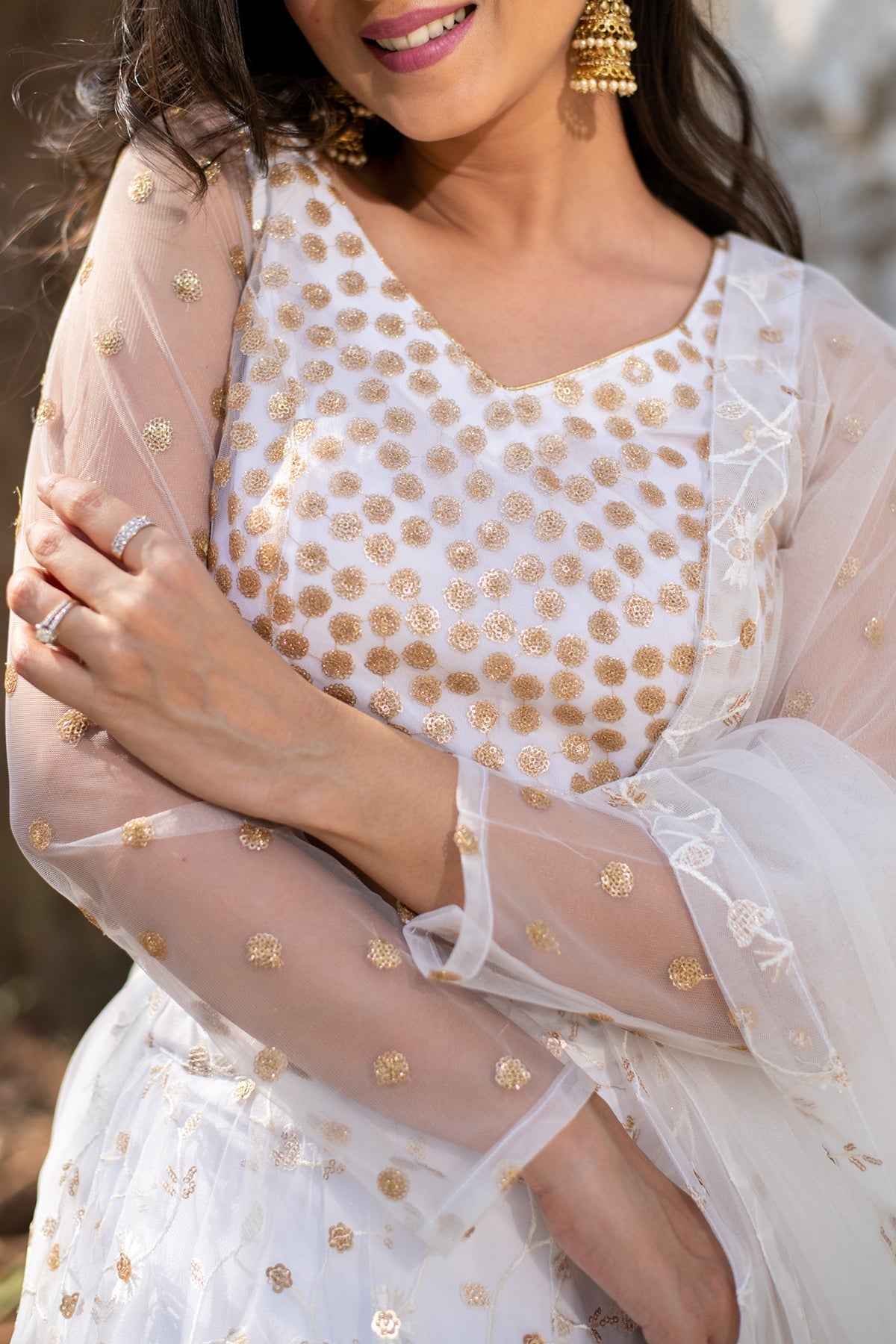 Women's White Thread And Sequin Work Lehenga