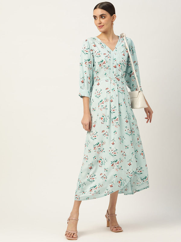 Women's Blue Red Floral Midi Dress With Belt