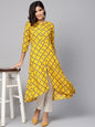 Women's Yellow Cotton Printed 3/4 Sleeve Coller Neck Dress