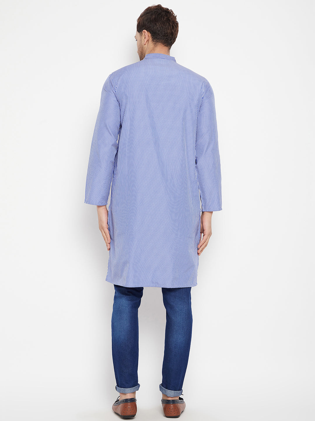 Men's Blue Color Long Kurta with Band Collar