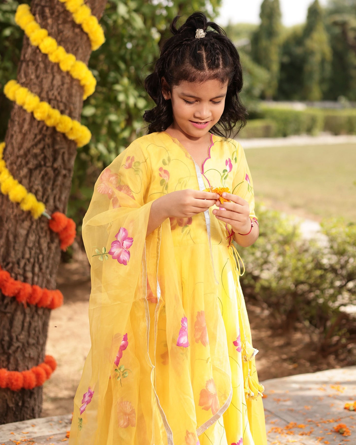 Girl's Buttercup Yellow Muslin Silk Handpainted Suit Set