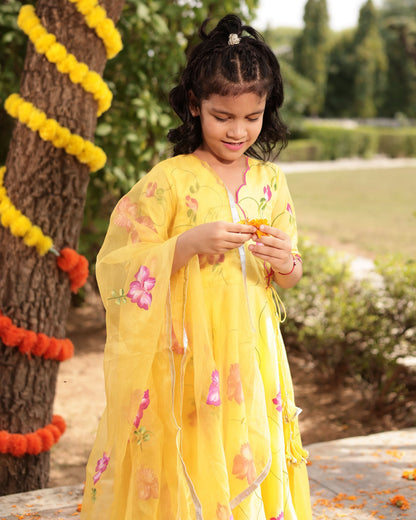Girl's Buttercup Yellow Muslin Silk Handpainted Suit Set