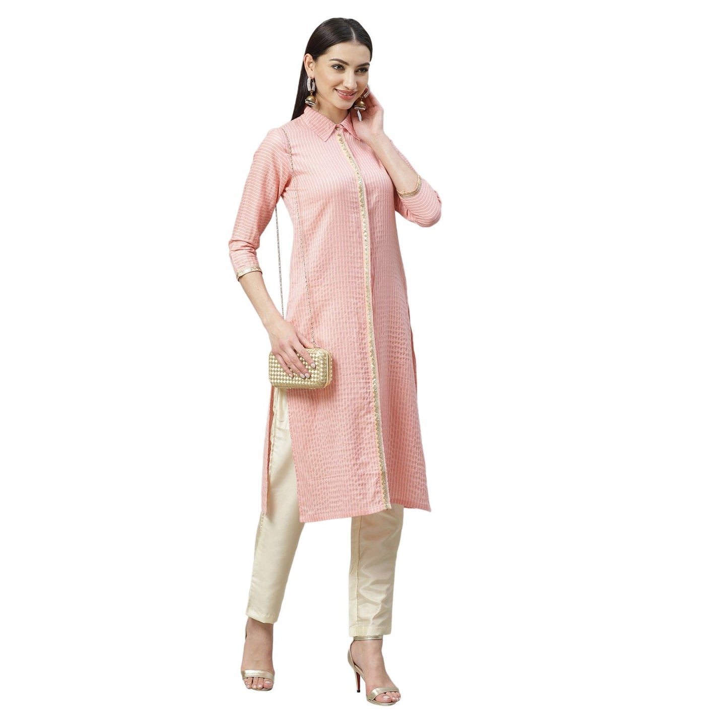 Women's Pink Cotton Check 3/4 Sleeve Shirt Collar Casual Kurta Only
