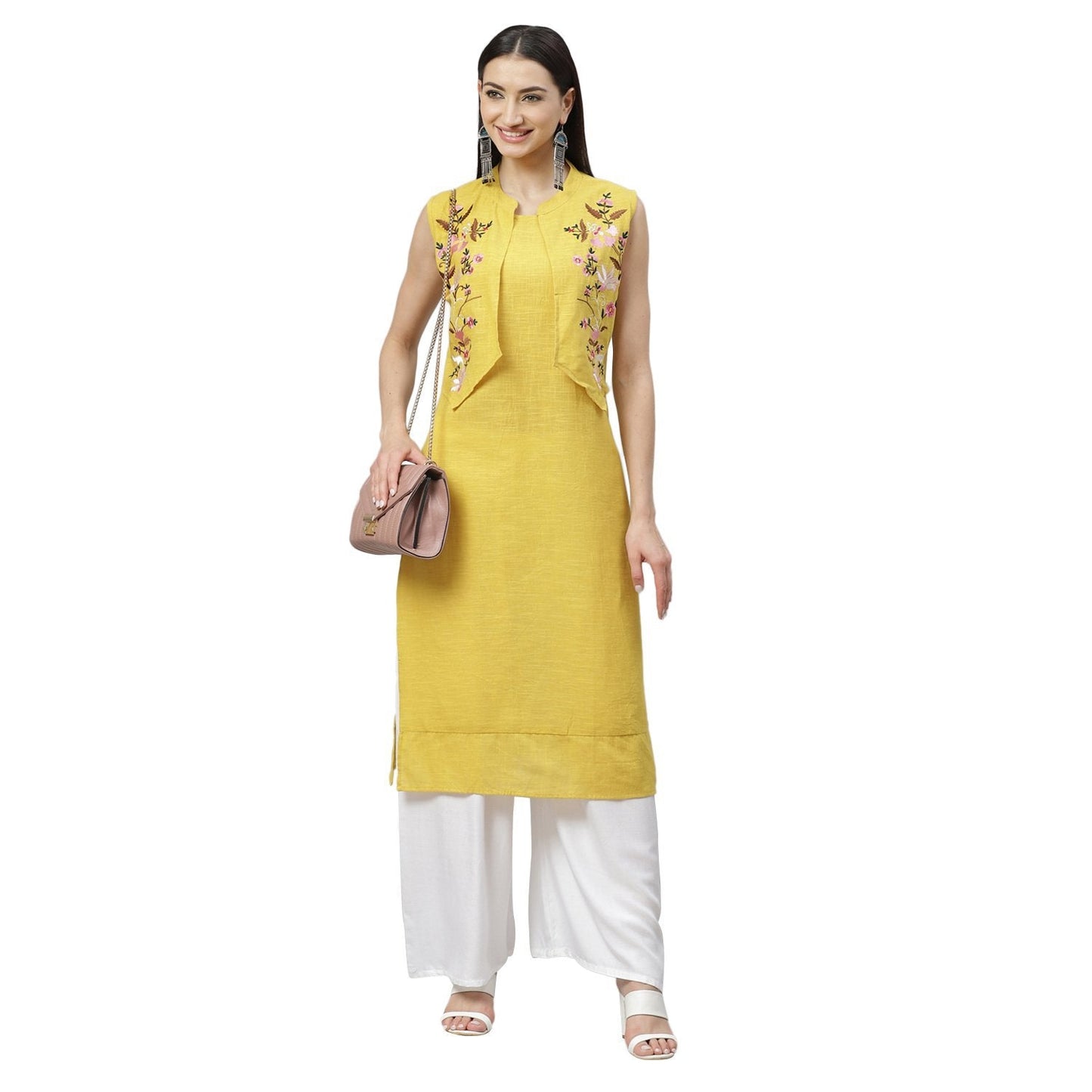 Women's Yellow Cotton Slub Printed Sleeveless Round Neck Casual Dress