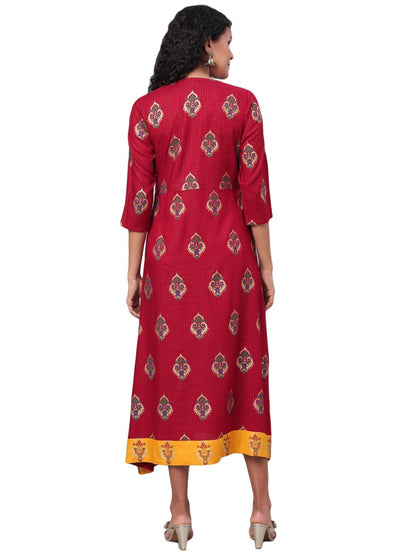 Women's Maroon Printed 3/4 Sleeve Rayon Round Neck Dress