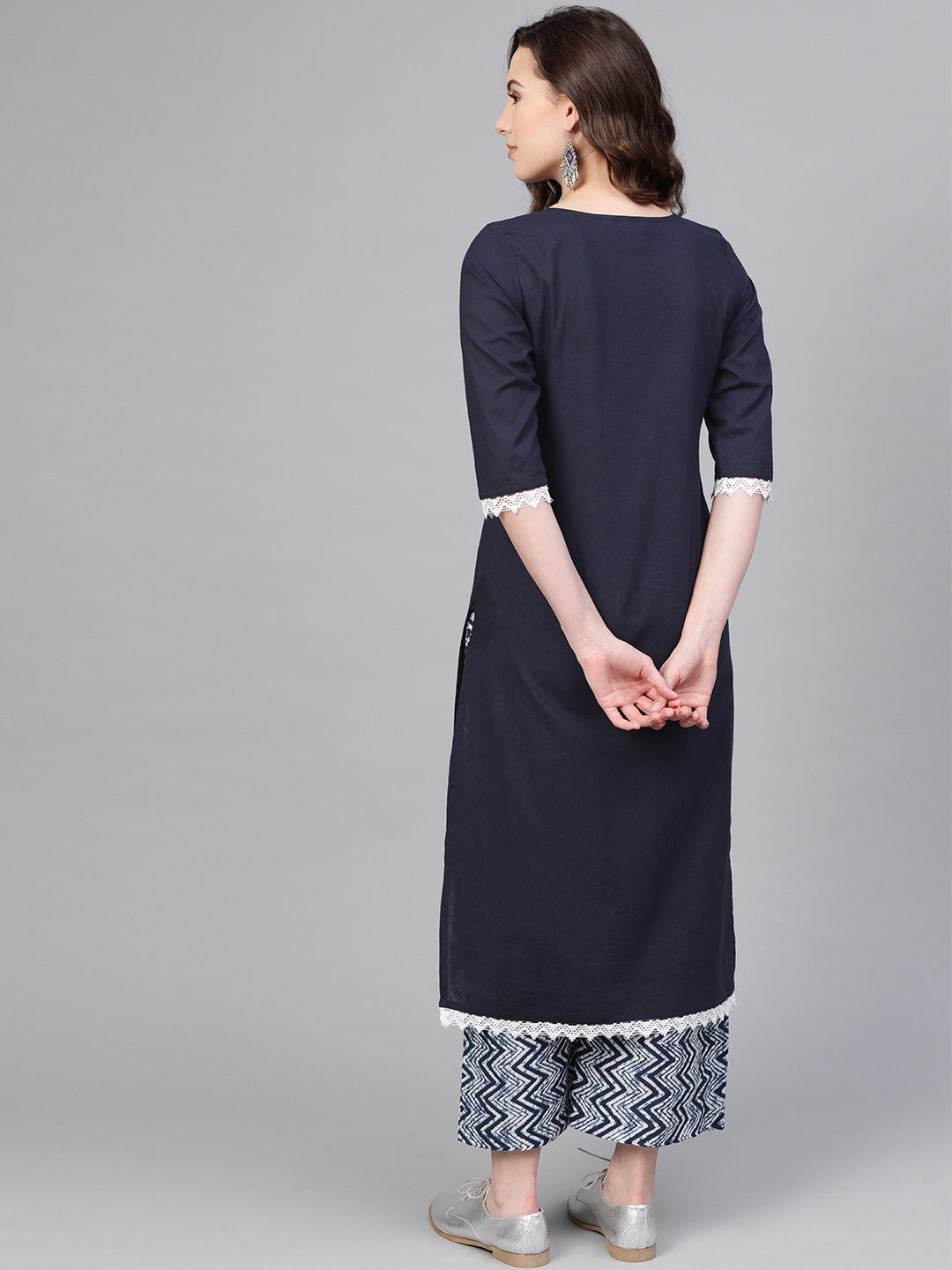 Women's Navy Cotton Solid Full Sleeve Round Neck Casual Kurta Palazzo Set