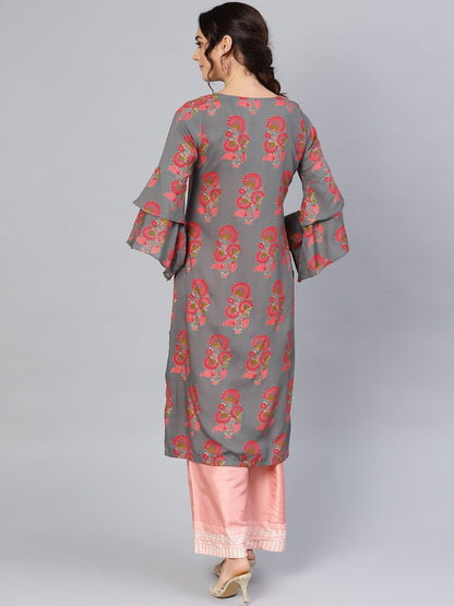 Women's Grey Rayon Printed 3/4 Sleeve Round Neck Dress