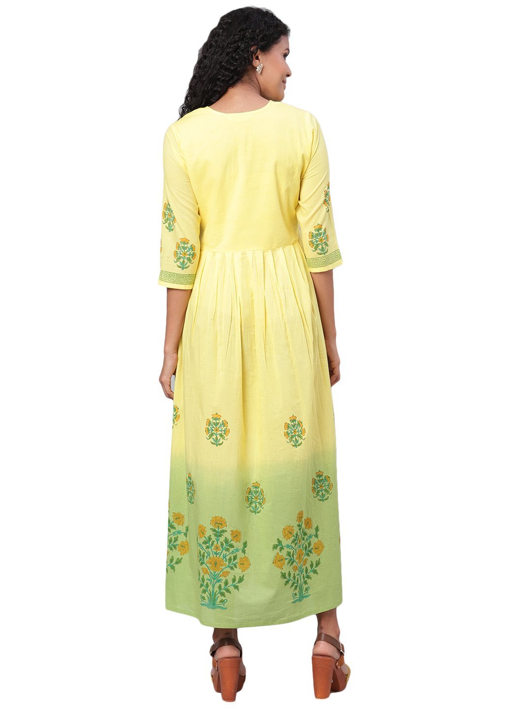 Women's Green Printed 3/4 Sleeve Cotton Round Neck Dress