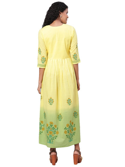 Women's Green Printed 3/4 Sleeve Cotton Round Neck Dress