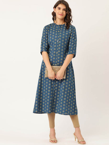 Women's Cotton Gold Printed with Gold Buttons Kurta