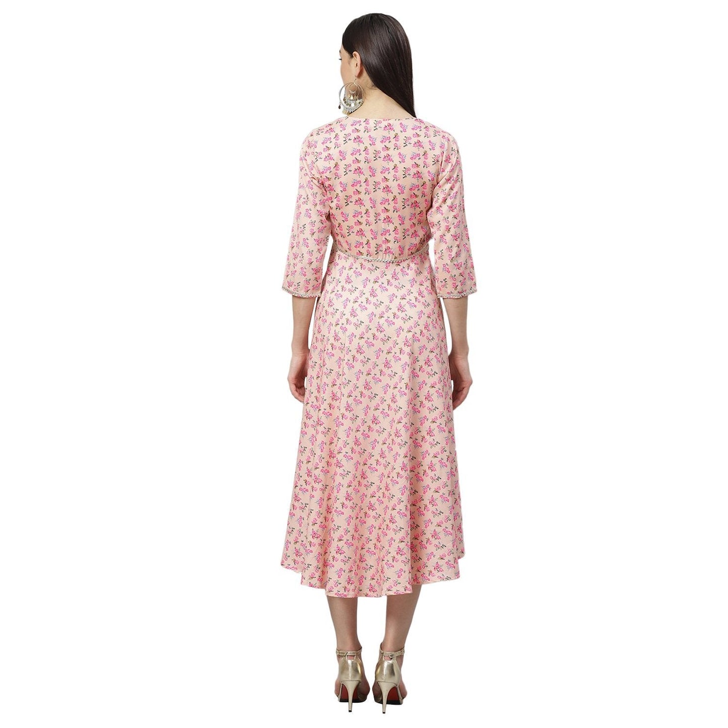 Women's Multicolor Polyster Printed 3/4 Sleeve Round Neck Casual Dress