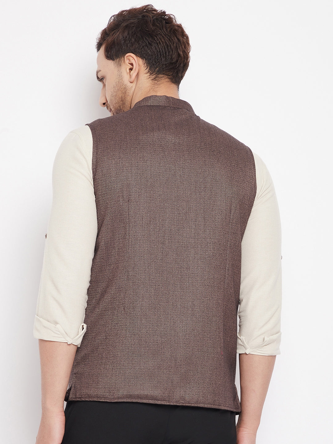 Men's Brown Color Woven Nehru Jacket