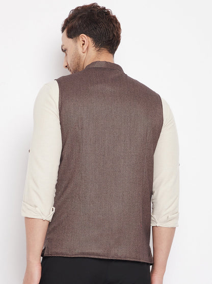 Men's Brown Color Woven Nehru Jacket
