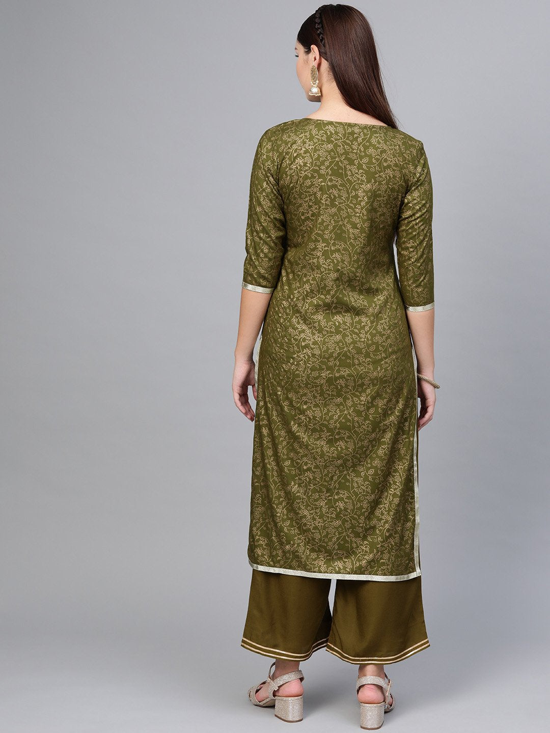 Women's Green Cotton Printed Half Sleeve Round Neck Casual Kurta Palazzo Set