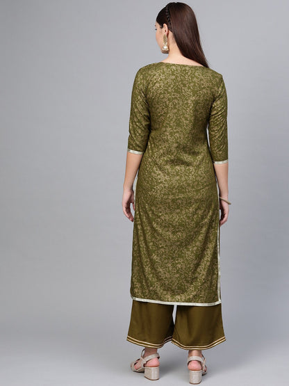 Women's Green Cotton Printed Half Sleeve Round Neck Casual Kurta Palazzo Set