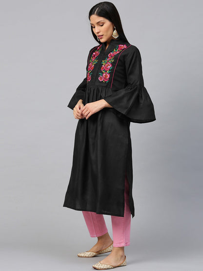Women's Black & Pink Floral Embroidered Yoke Design Straight Kurta