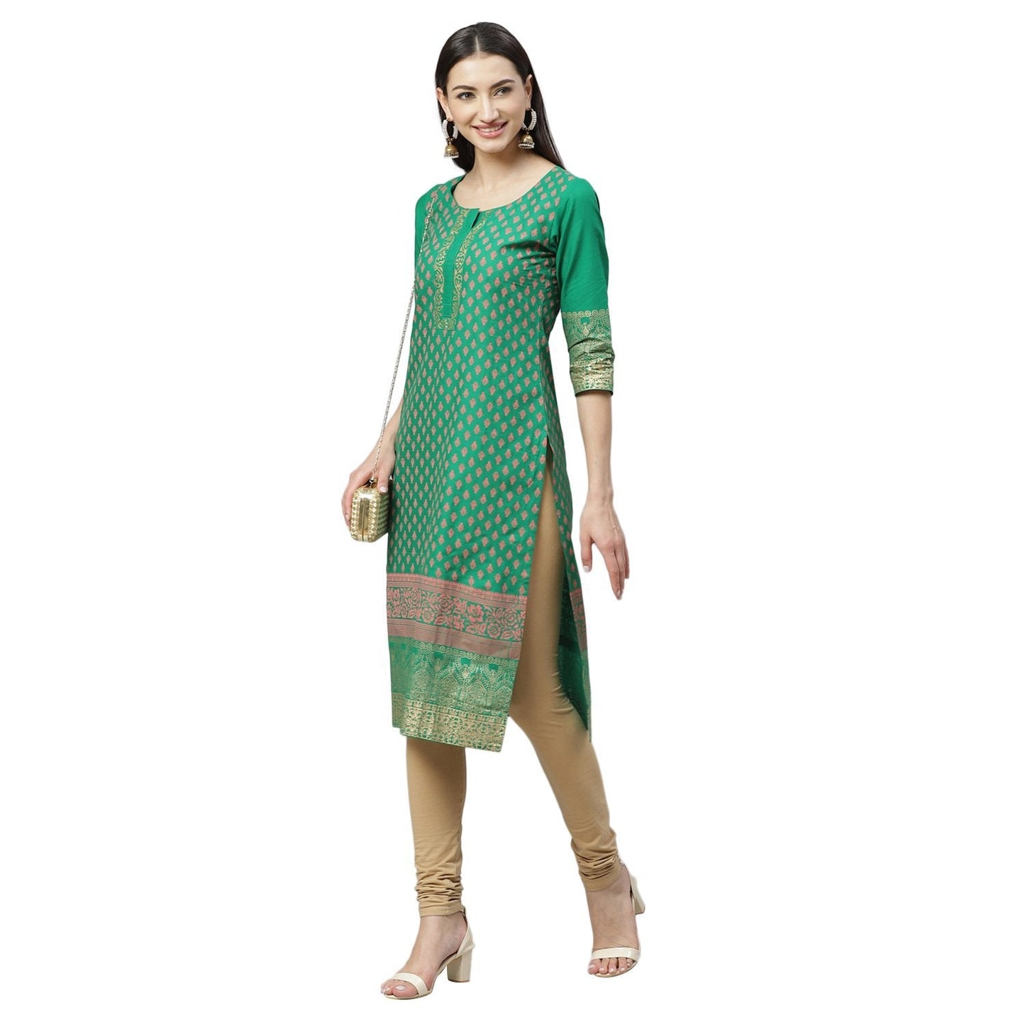 Women's Green Cotton Printed 3/4 Sleeve Round Neck Casual Kurta Only