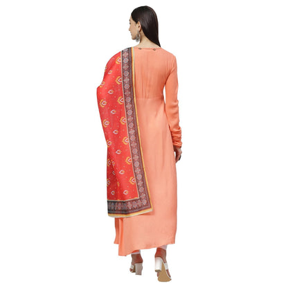 Women's Pink Cotton Solid Full Sleeve Round Neck Casual Anarkali Kurta With Dupatta