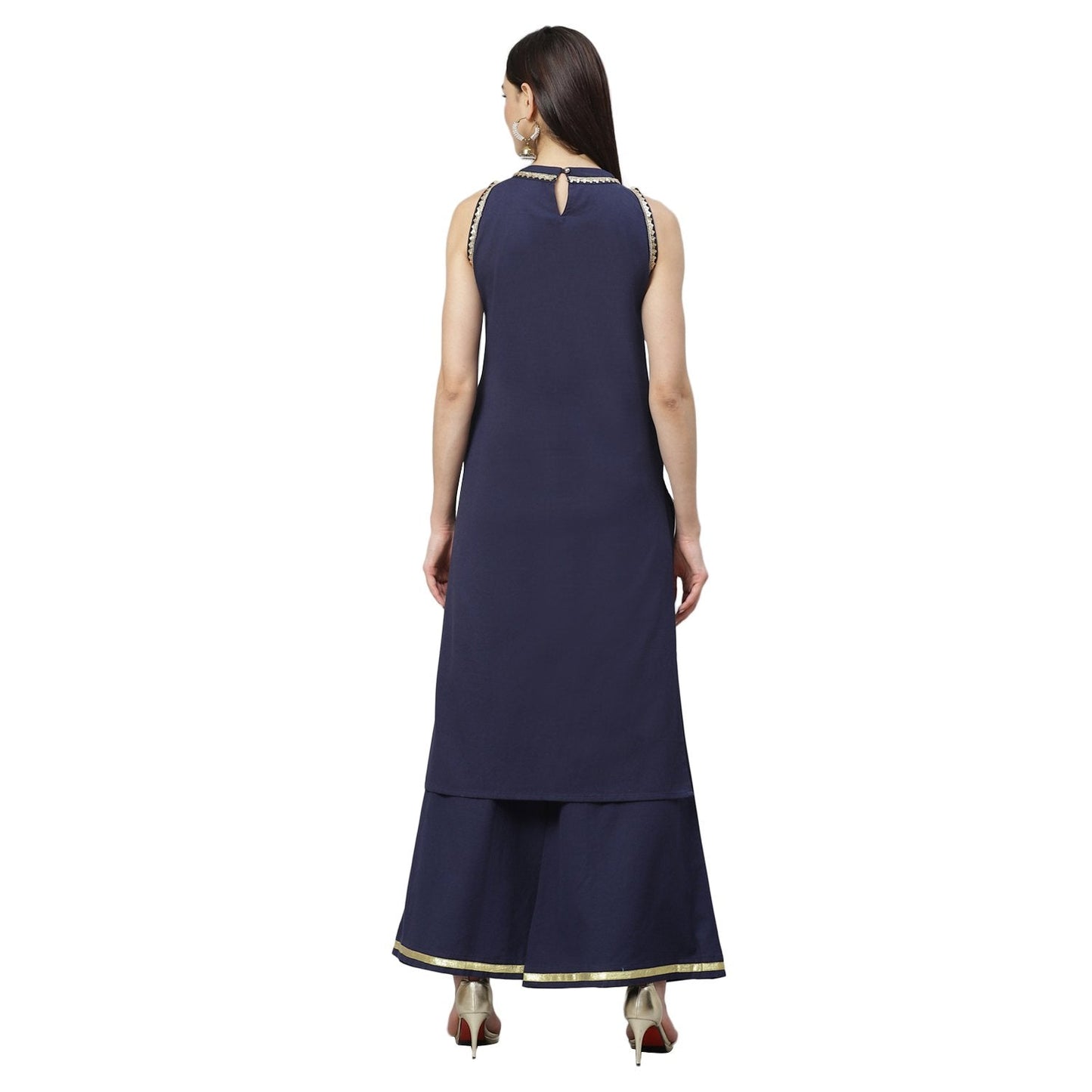 Women's Navy Blue Cotton Solid Sleeveless Round Neck Casual Kurta Palazzo Set