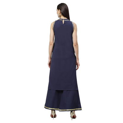 Women's Navy Blue Cotton Solid Sleeveless Round Neck Casual Kurta Palazzo Set