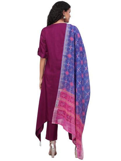 Women Purple Silk Kurta with Pant & Dupatta Set by Myshka (