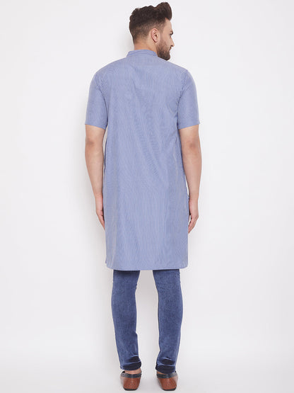 Men's Striped Blue Cotton Kurta