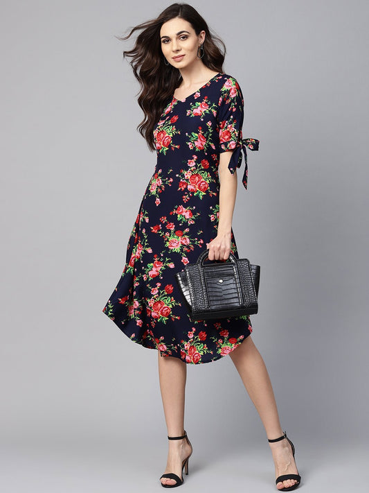 Women's Multi Polyester Printed Half Sleeve V Neck Dress