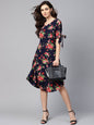 Women's Multi Polyester Printed Half Sleeve V Neck Dress