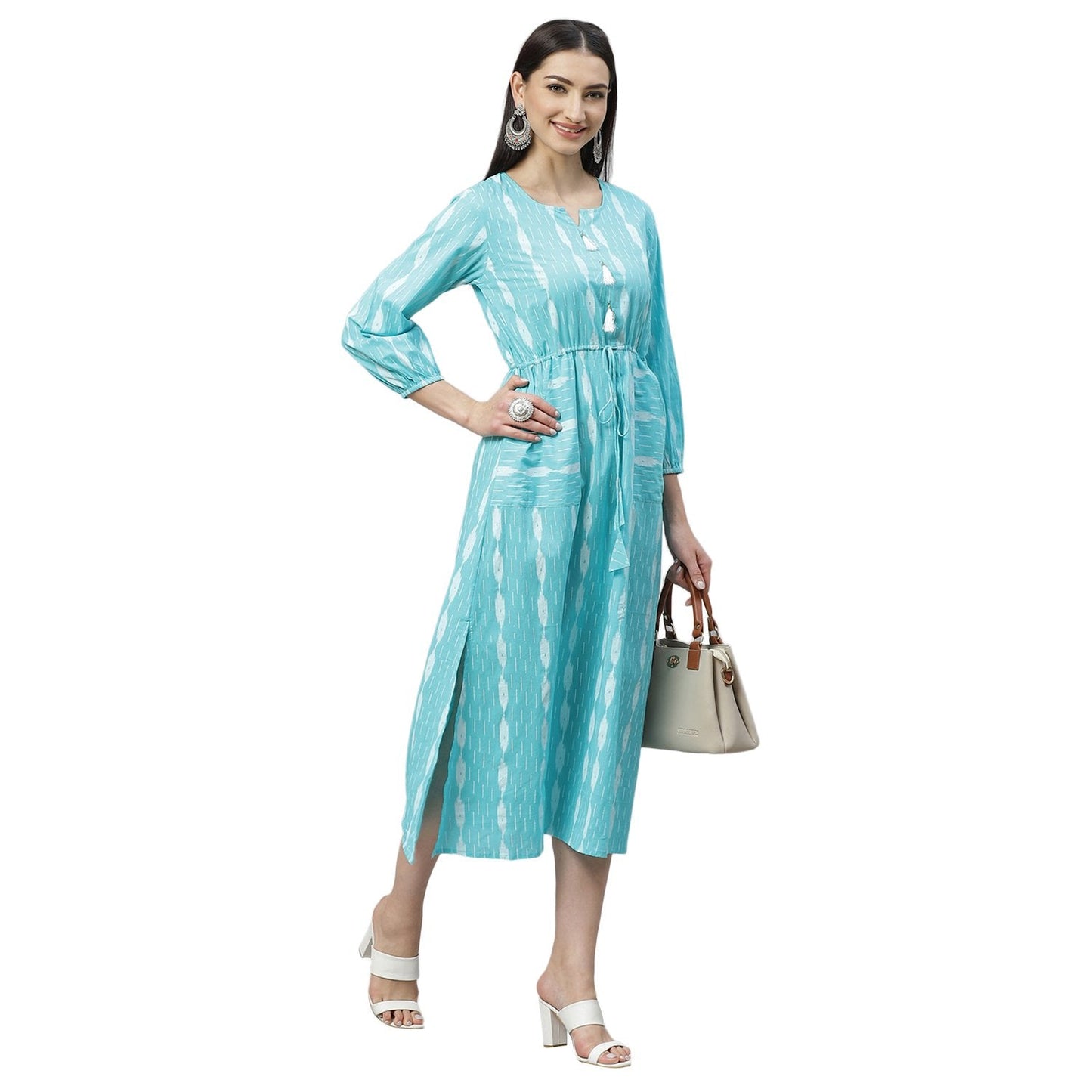 Women's Blue Cotton Printed 3/4 Sleeve Round Neck Casual Dress