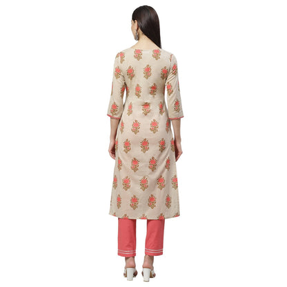Women's Beige Cotton Printed Printed 3/4 Sleeve Round Neck Casual Kurta Pant Set