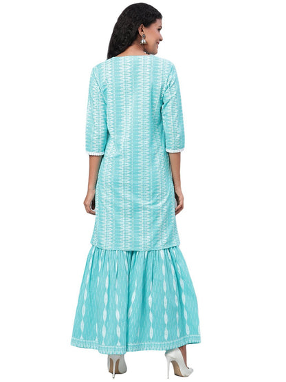 Women's Blue Printed 3/4 Sleeve Cotton Slub Maidran Coller Casual Kurta & Sharara Set