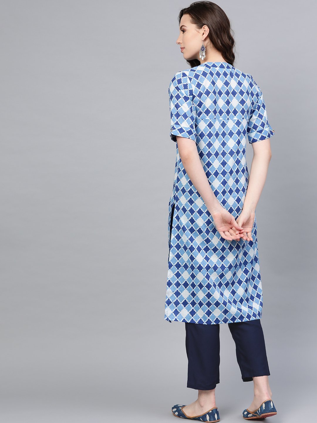 Women's Blue Cotton Solid Full Sleeve Round Neck Casual Kurta Pant Set