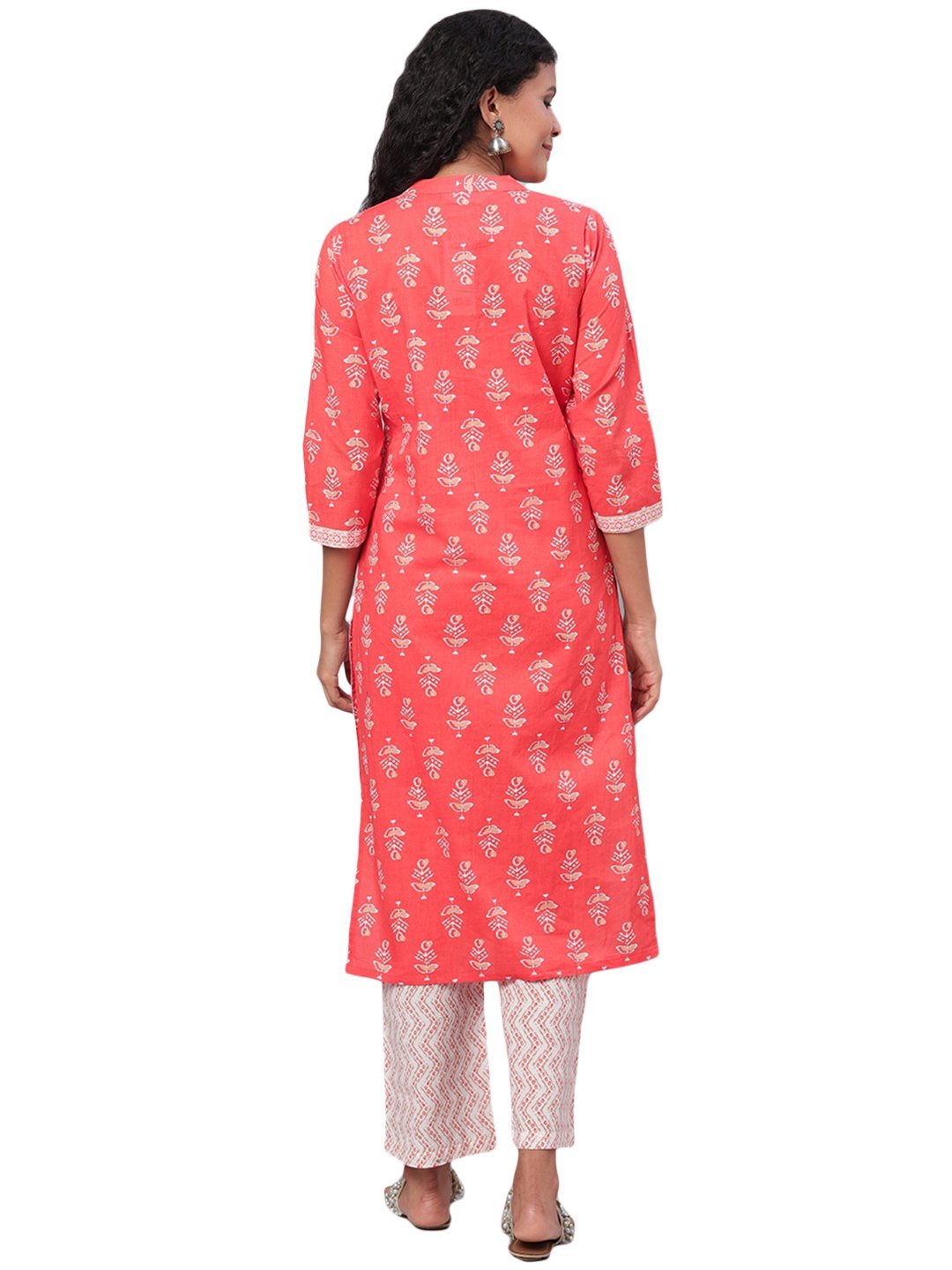Women's Orange Printed 3/4 Sleeve Cotton Round Neck Kurta & Pant Set